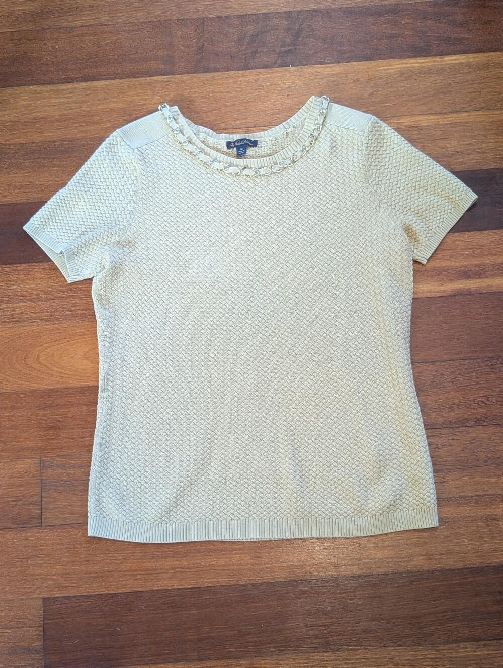 Brooks Brothers Cream Short-Sleeve Knit Top with Chain-Trim Neckline Slim Fit